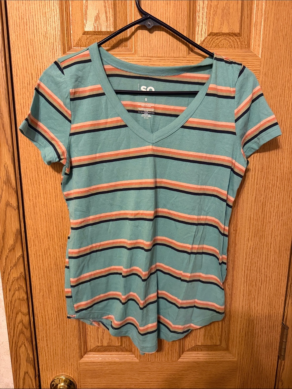 SO Teal Striped V-Neck Short Sleeve Tee with Pink and Navy Bands